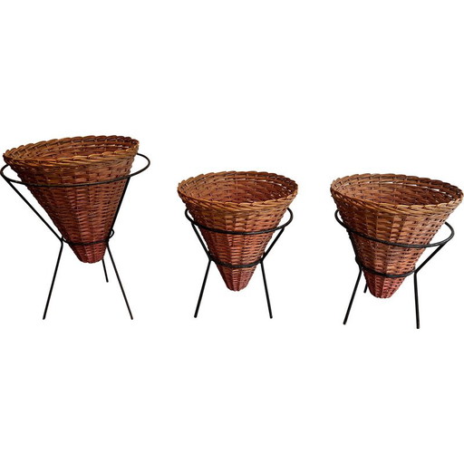 Ensemble de 3 jardinières vintage en métal laqué noir et rotin, 1950