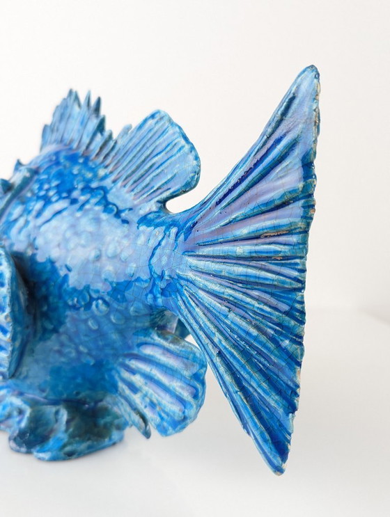 Image 1 of Art déco italien Guido Cacciapuoti Sculpture de poisson Scorfano émaillée bleue années 1930