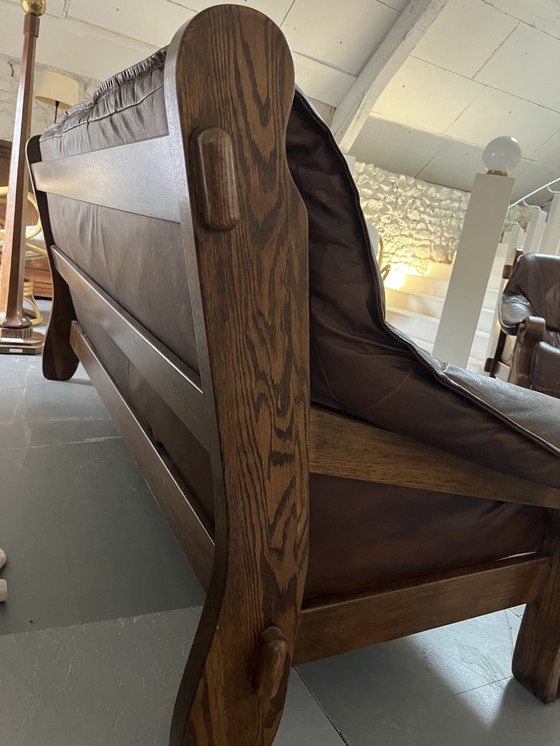 Image 1 of Conjunto de sofá y 2 sillones de los años 60 en madera y cuero