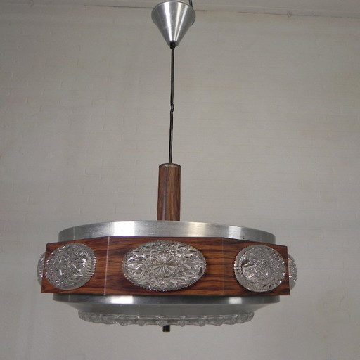 Vintage Lakro hanglamp met 9 ovalen glasplaatjes en 1 ronde glasplaat, jaren 70
