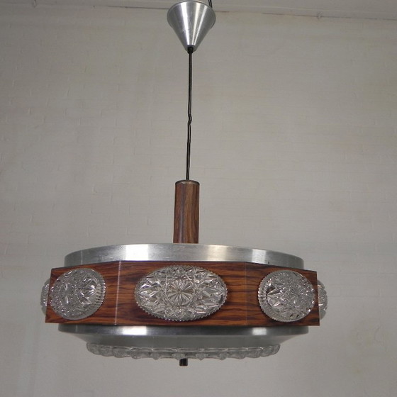 Image 1 of Vintage Lakro hanglamp met 9 ovalen glasplaatjes en 1 ronde glasplaat, jaren 70