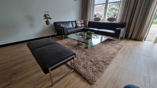 Leolux Leather Seating Area - Corner Sofa, Stool, Coffee Table, Rug