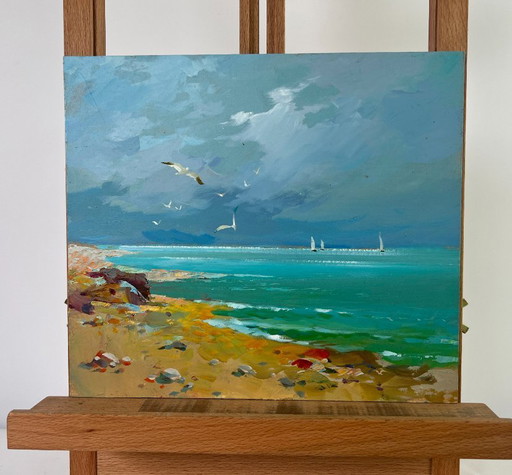 Pintura al óleo original: Paisaje costero marino con gaviotas sobre la costa.