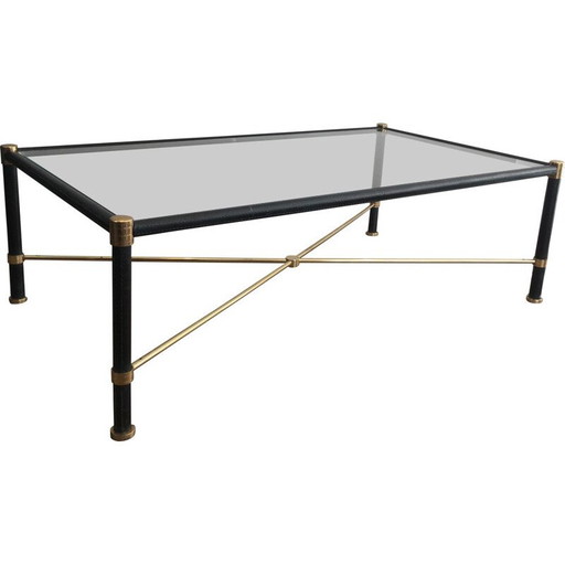 Table basse vintage en laiton recouverte de cuir noir, 1970