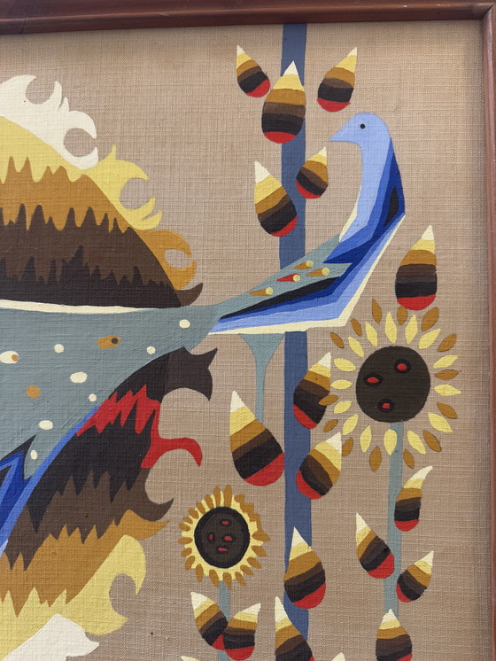 Image 1 of Tableau peinture oiseau bleu années 60