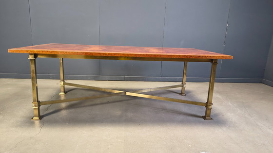 Image 1 of Table de salle à manger vintage en loupe de bois et laiton, signée Belgochrom, années 1970