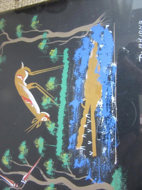 African Wood & Rattan Framed Picture Signed D. Akiana, Vintage – Paintings & Drawings, Glass (photo 8 of 9)