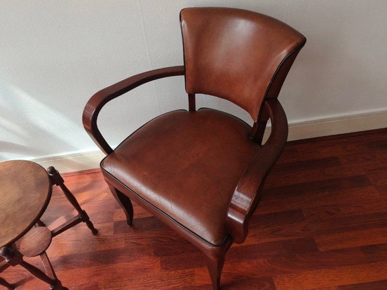 Paar vintage massief beukenhout Bridge stoelen, 1950 – Fauteuils, Leather, Wood (photo 5 of 5)