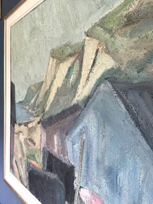 Gran óleo modernista "Acantilados coloridos" de Carl Berndtsson (1902-1982)