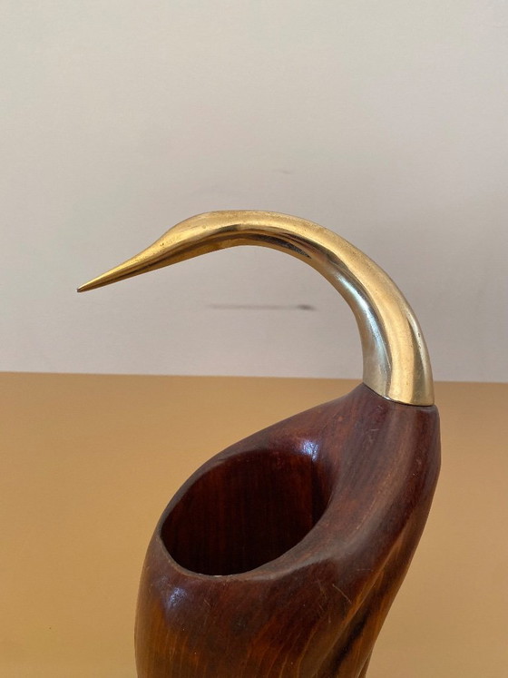 Image 1 of De Stijl Firenze Portabottiglie Legno Metallo Ottone Scultura Uccello anni '70