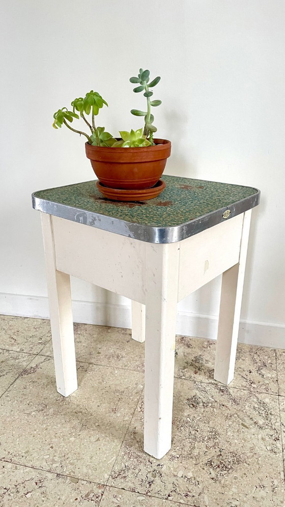Vintage Houten Opbergkrukje, BBI, Aluminium, Groen (foto 10 van 26)