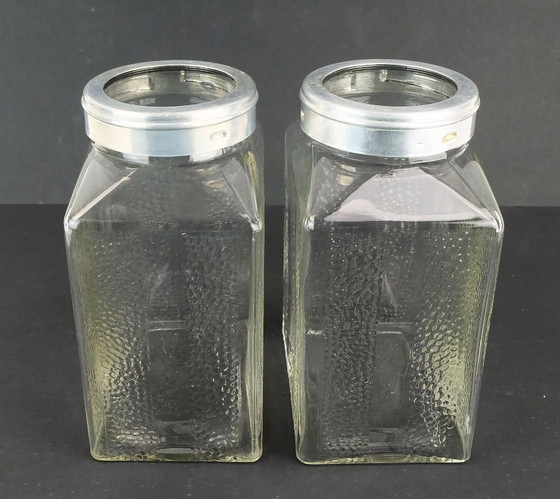 Image 1 of 2 grandes tarros de almacenamiento Poncet de la década de 1930 de vidrio prensado de aluminio de la era Bauhaus