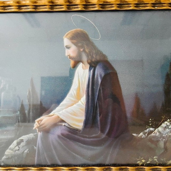 Image 1 of Vintage Religieuze kleurenlithografie schilderij Jezus Christus Olijfberg 1930's