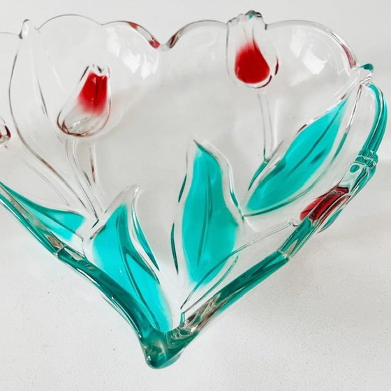 Image 1 of Ciotola vintage a forma di cuore in vetro con design 3D Tulip di Nadine Germany Walther Glass, anni '70
