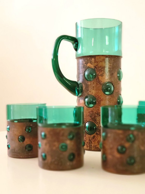 Vintage Brutalist drank set van groen glas en gepatineerd koper – Glazen & Karaffen, Copper (photo 3 of 9)