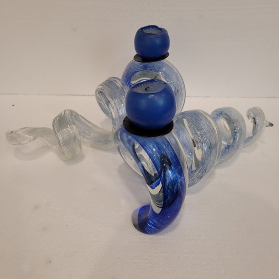 Image 1 of Pair of blue spiral candlesticks, glass, 80's - France