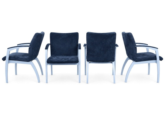 4x Leolux Caramilla Chaises de salle à manger Vintage, Bois, Textile, Bleu (photo 2 sur 5)