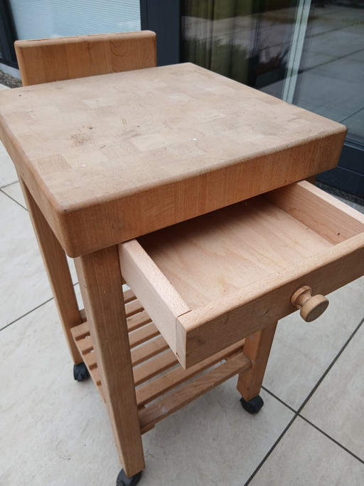 Solid oak kitchen trolley with chopping block/drawer/knife block.