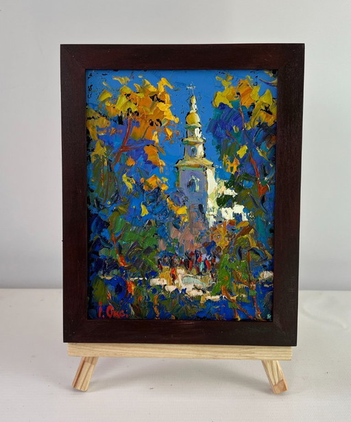 Original Oil Painting Summer Village Landscape Church in the embrace of nature