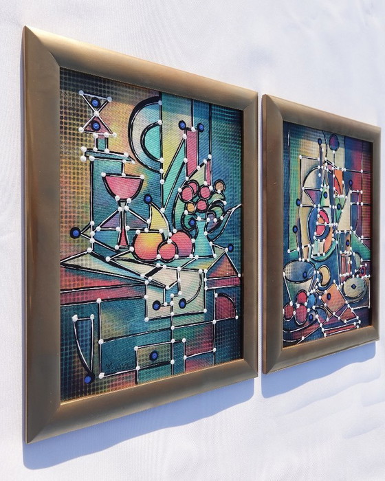 Image 1 of Kubisme A1438 - abstracte schilderijen - tweeluik