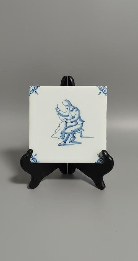 Antique Dutch Delft Tile with Seamstress Motif
