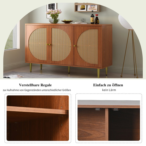 Image 1 of Urban Meuble buffetkast in walnoot look met 3 rotan deuren, handgrepen, gouden pootjes 129.8x40x76cm OMOILL