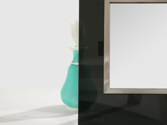 Image 1 of La Maison Desny Art Deco nikkelmetalen opaalglazen tafelspiegel uit de jaren 1930