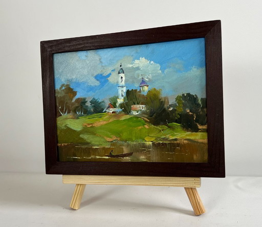 Origineel olieverfschilderij: Zomerlandschap met kerk. De dorpskerk is zichtbaar.