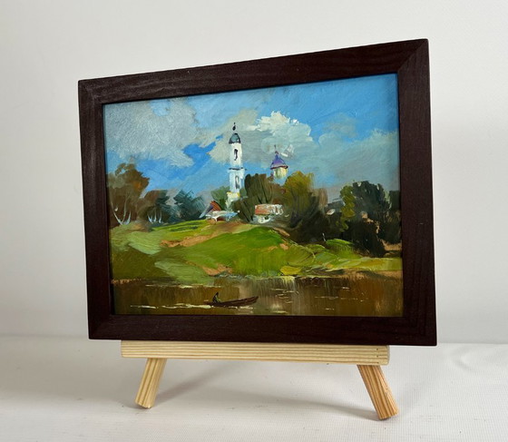 Image 1 of Origineel olieverfschilderij: Zomerlandschap met kerk. De dorpskerk is zichtbaar.