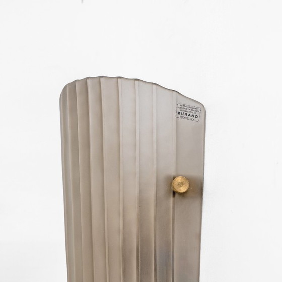 Image 1 of Pair of Murano Glass Wall Sconces Satin Smoke Glass and Brass, Italy