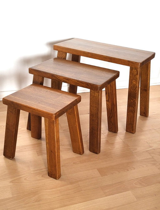 3 tables gigognes Brutaliste 70' en chêne blond