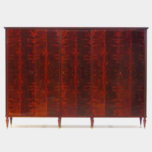 Large vintage mid century Art Deco 5-door wardrobe in flamed mahogany, 1920s