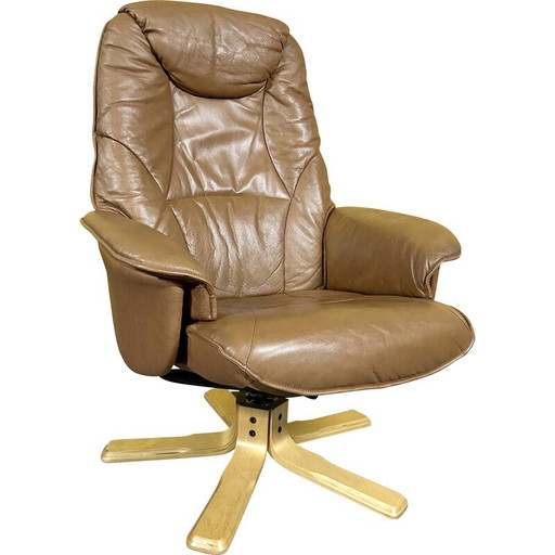 Poltrona girevole vintage danese in pelle color cognac, anni '70