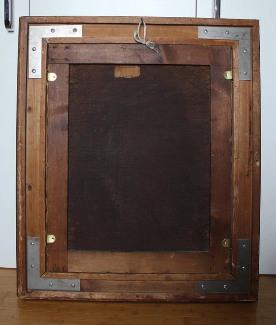 Image 1 of Tableau à l'huile ancien encadré d'or représentant le portrait d'une dame au chapeau