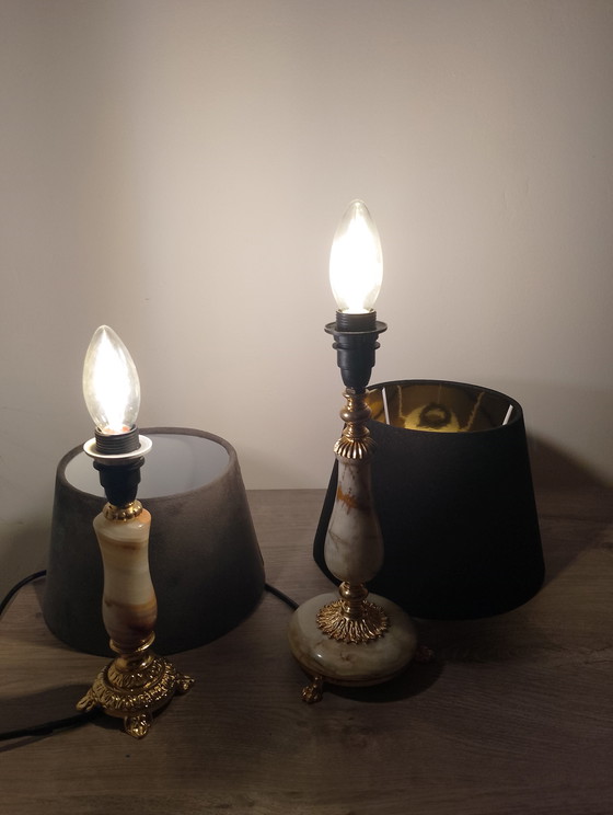 Image 1 of Set of 2 vintage neo-classical style bronze and onyx lamps, fully restored