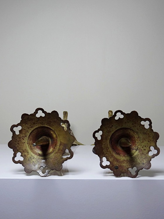 Image 1 of Large pair of antique gilt bronze candlesticks, 19th-century Gothic style
