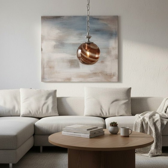 Image 1 of Portugese Art Deco revival hanglamp met bruine, handgeblazen glazen bol in spiraalvorm van Marinha Grande, jaren 60.