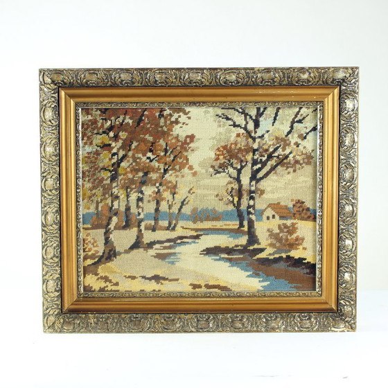 Image 1 of Vintage Embroidery Wall Art In A Frame, 1950s