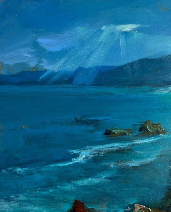 Image 1 of Original Oil Painting Coastal Mountain Landscape Sunlight through the clouds