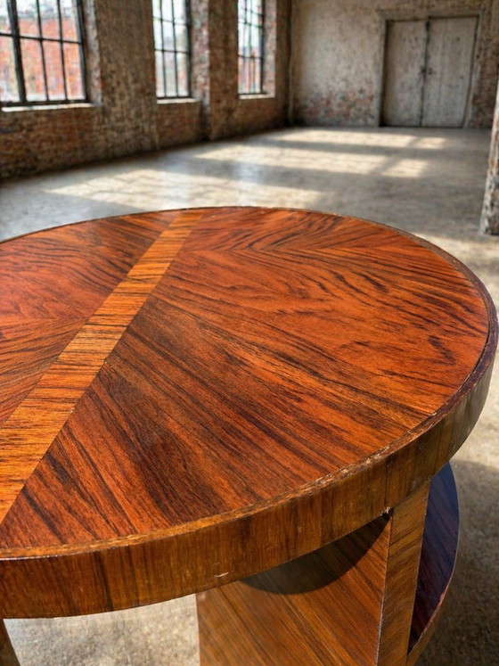 Image 1 of Art Deco Round Side Table with Shelf – Vintage Wood Occasional Table / Bedside Table