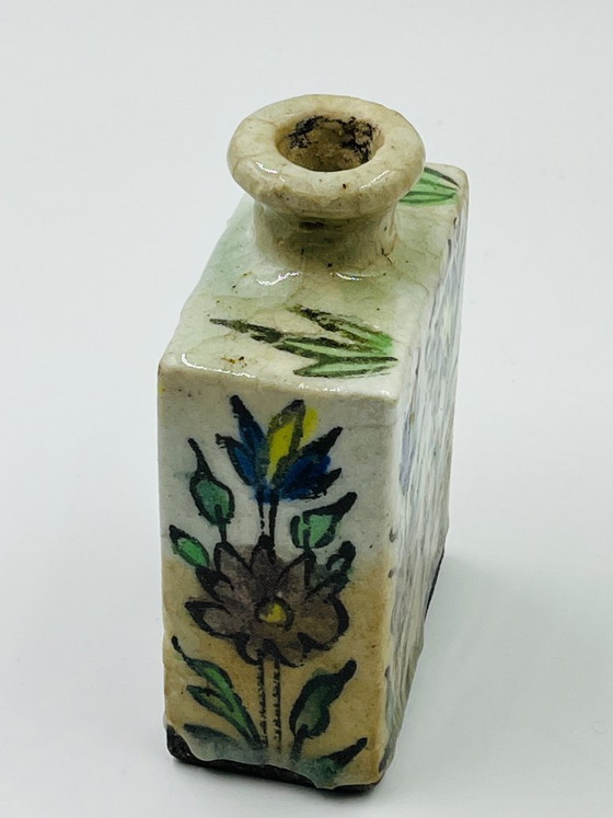 Image 1 of Antique Rectangular Ceramic Bottle, Persian Qajar Style, Fish Design, 19th Century
