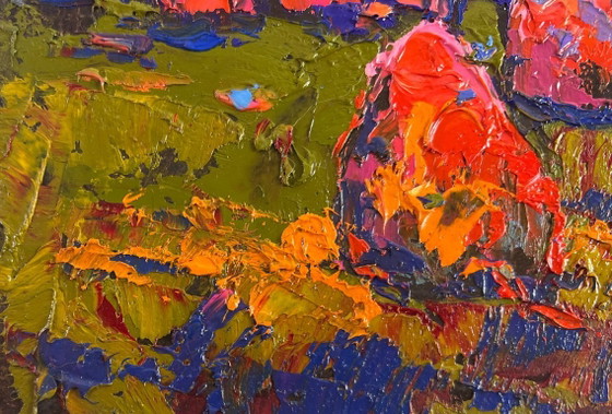 Image 1 of Original Oil Painting Sunset Field Landscape Evening silence in the field