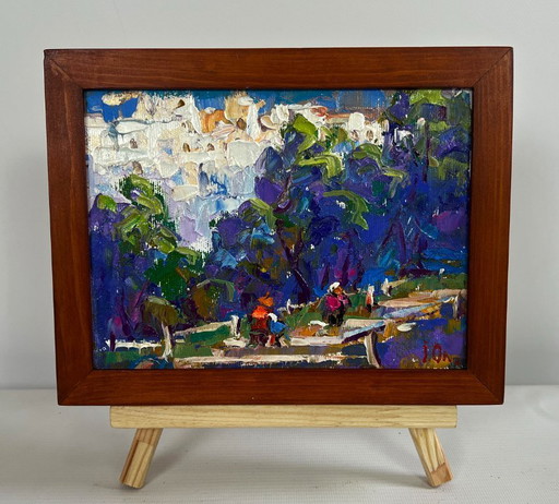 Original Oil Painting Summer City Landscape A walk through the city park
