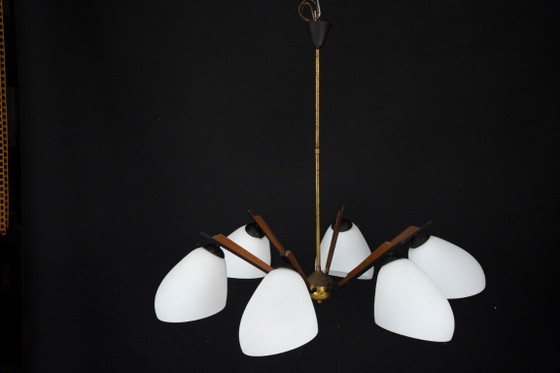 Image 1 of Italian Mid-Century six arms chandelier in the manner of Stilnovo. Italy 1950s.