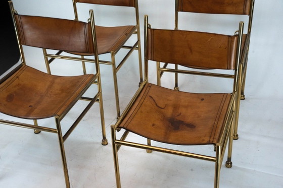 Image 1 of Set van 4 messing en lederen stoelen van Luciano Frigerio, Italië, jaren 70.