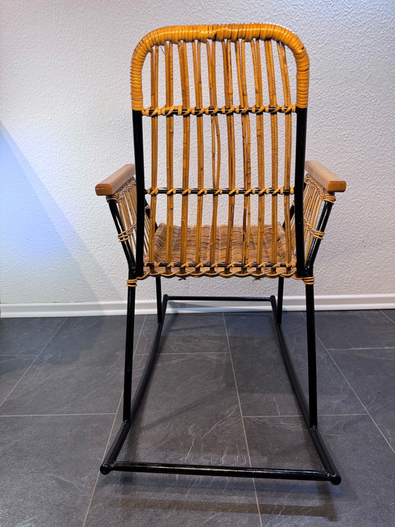 Rare Mid-Century Rattan Rocking Chair - Attributed to Alan Fuchs for ÚLUV, Czechoslovakia, 1960s – Metal (photo 10 of 13)