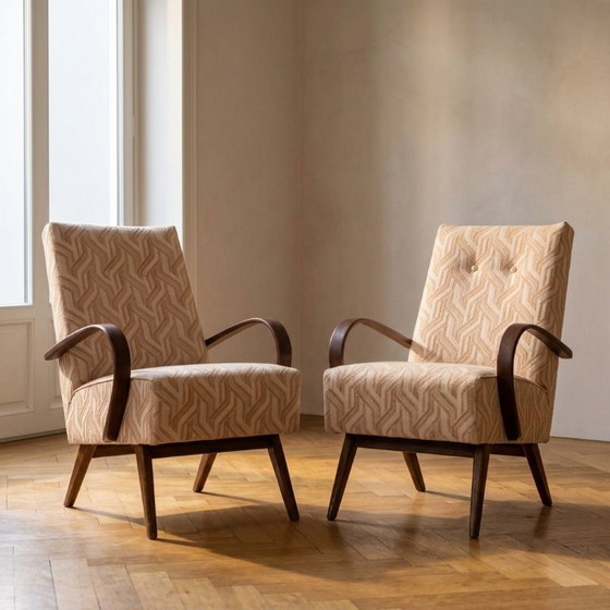 Fauteuils en bois courbé restaurés par Jaroslav Šmídek, paire, Tchécoslovaquie, nouveau revêtement beige à (photo 2 of 12)