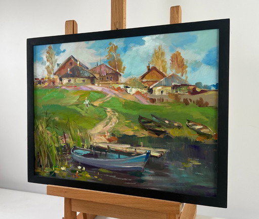 Pintura al óleo original: Paisaje costero de verano, ferry de pueblo