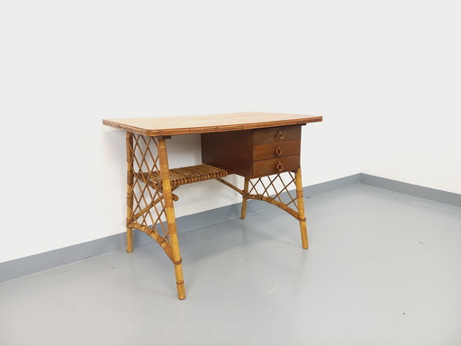 Vintage Louis Sognot desk in rattan and wood from the 60s