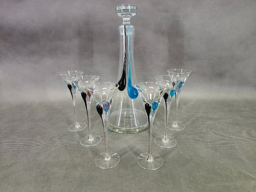 Boheemse Crystalex handgeblazen karaf met zes glazen, set uit de jaren 1990.